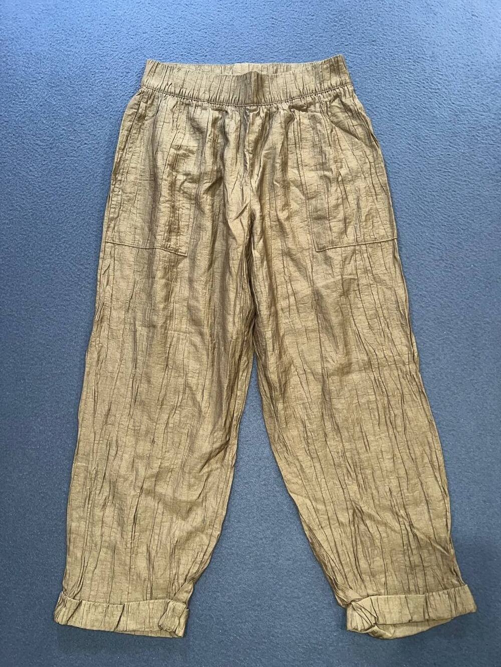 Zara Womens Pants Brown Gold Straight Crinkle Trousers Career Office S A011077